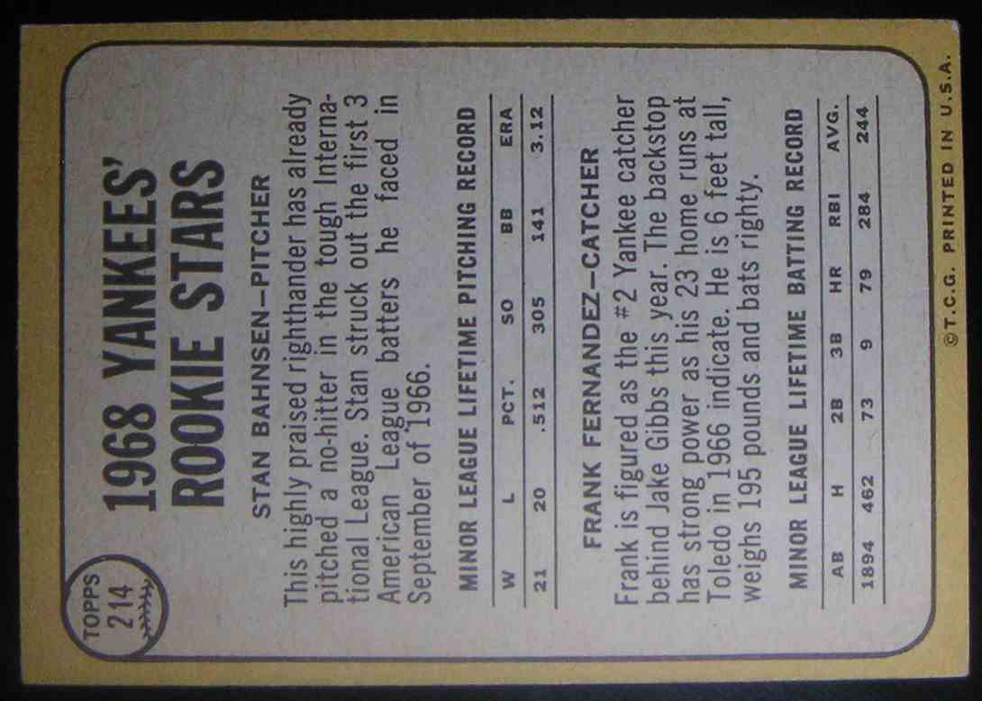 1968 Topps 1968 Rookie Stars Stan Bahnsen Frank Fernandez #214 card back image