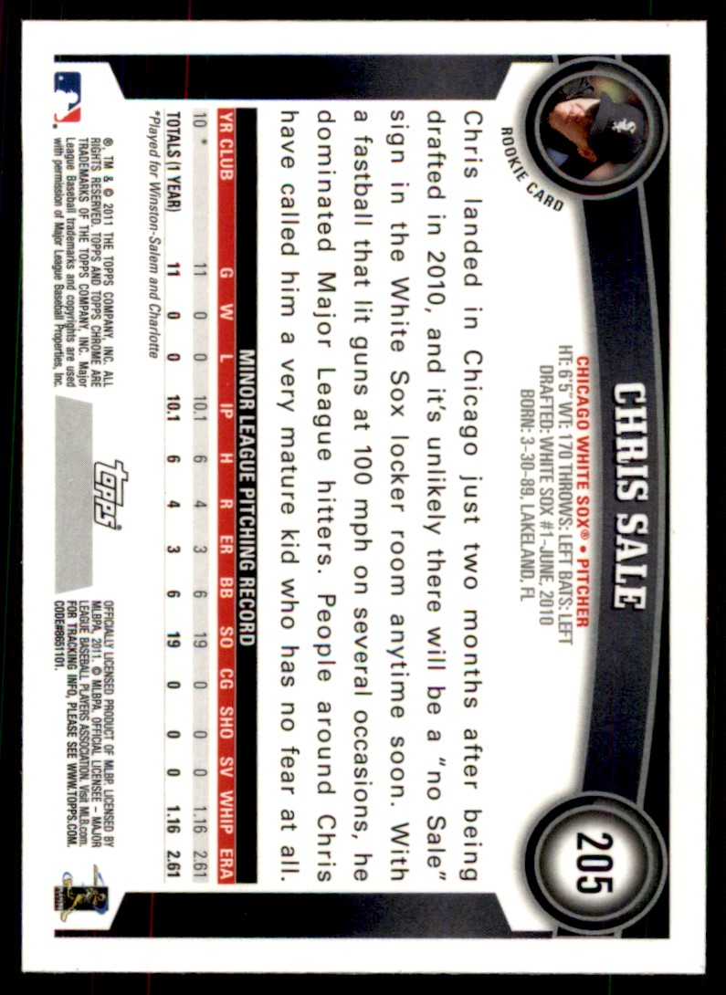 2011 Topps Chrome Chris Sale #205 card back image