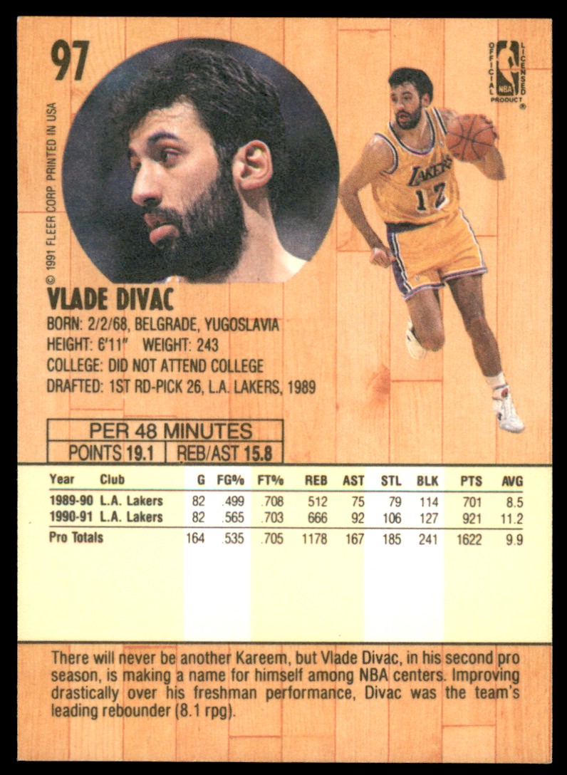 1991-92 Fleer Basketball Fleer Basketball Base Vlade Divac  EX #97 card back image