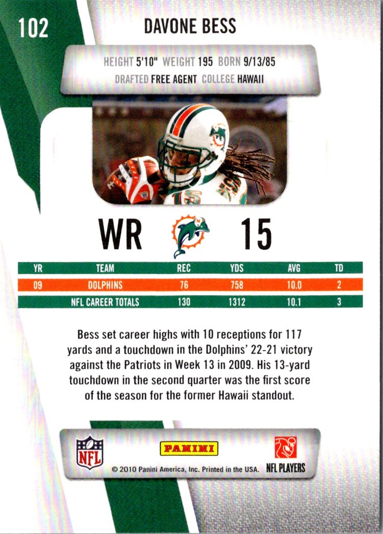 2010 Panini Prestige Davone Bess #102 card back image