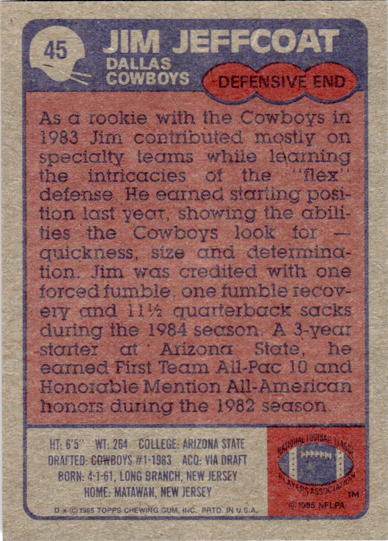 1985 Topps Jim Jeffcoat C #45 card back image
