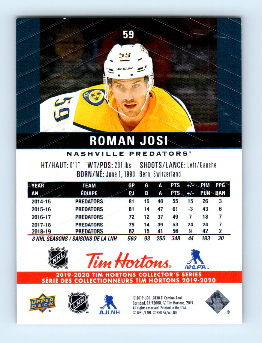 2019-20 Upper Deck Tim Hortons ! Roman Josi #59 card back image