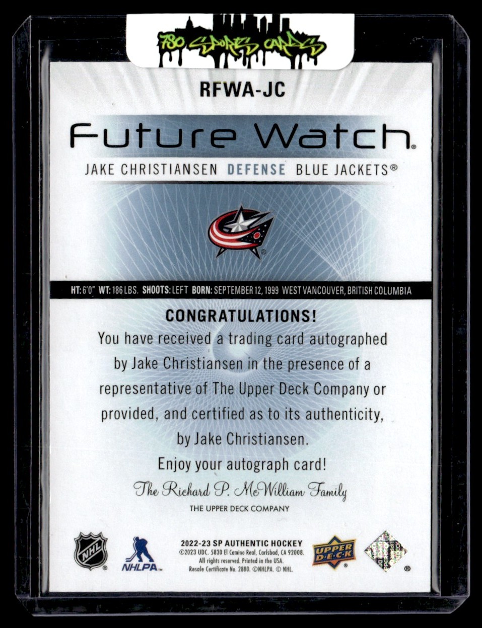 2022-23 SP Authentic 2012-13 Retro Future Watch Autographs Jake Christiansen #RFWA-JC card back image