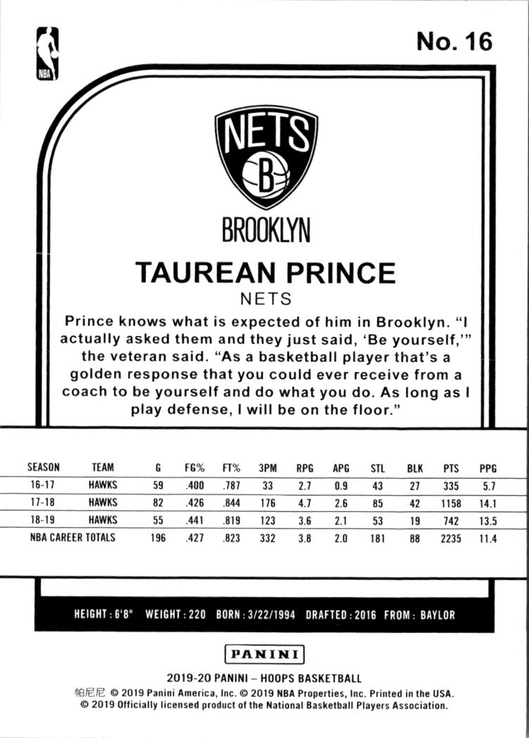 2019-20 Hoops Taurean Prince #16 card back image