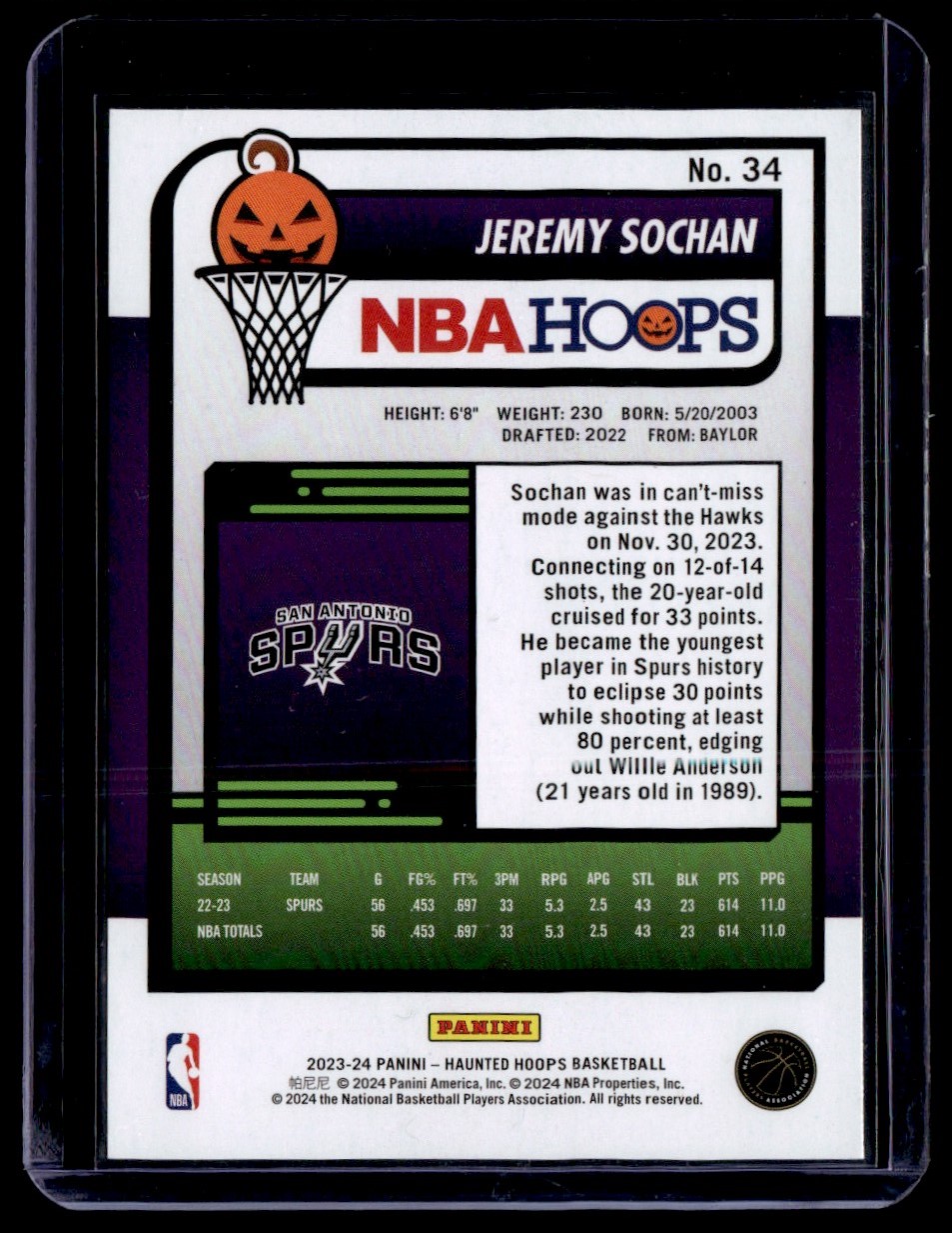 2024-25 NBA Hoops Jeremy Sochan #34 card back image