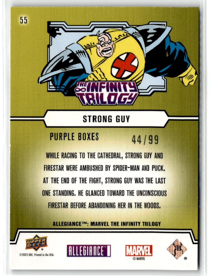 2023 Marvel Allegiance Infinity Trilogy Purple Boxes Strong Guy #55 card back image