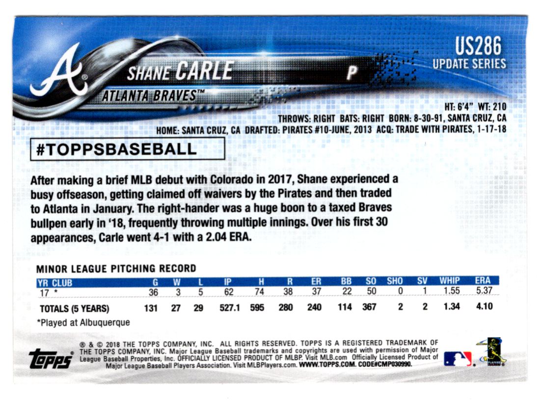 2018 Topps Update Shane Carle #US286 card back image