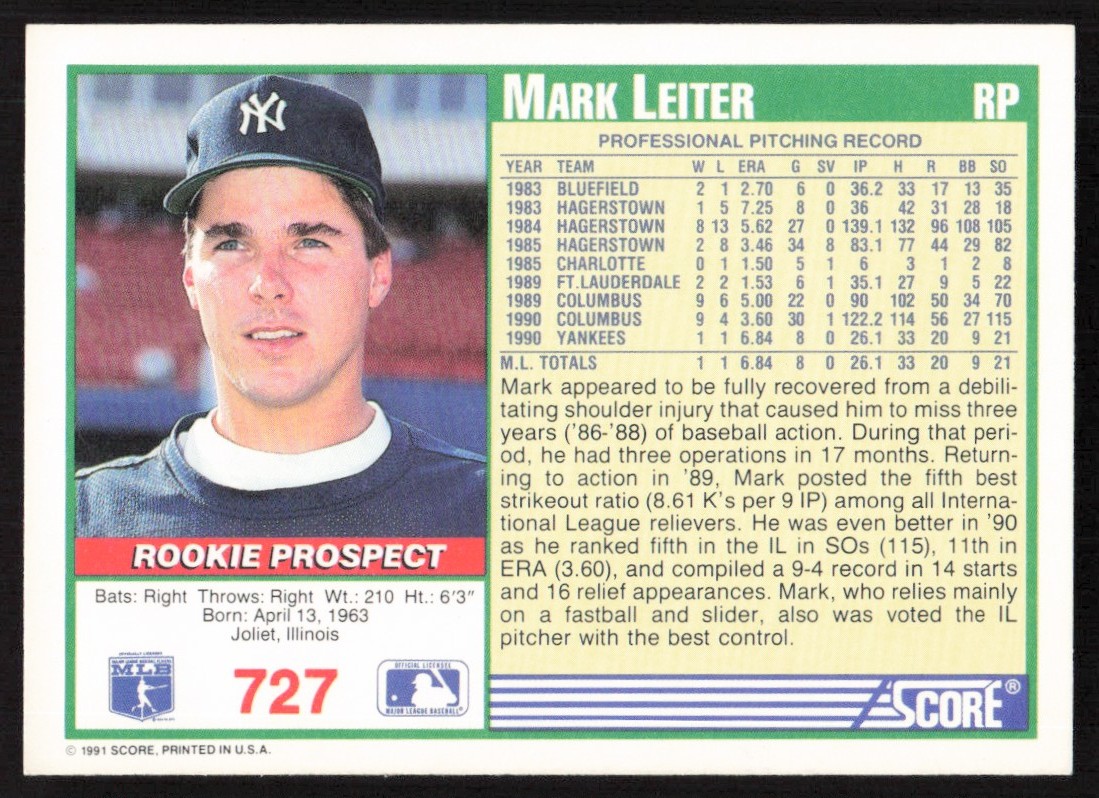 1991 Score Mark Leiter #727 card back image