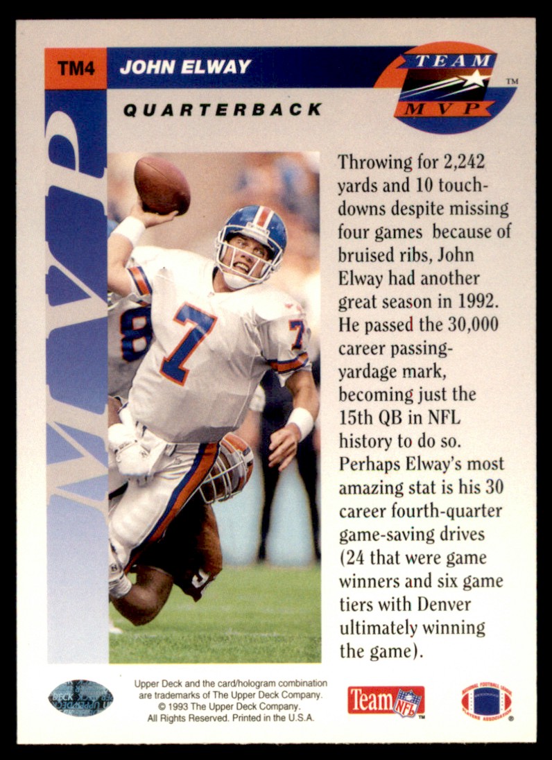 1993 Upper Deck Team MVPs John Elway #TM4 card back image