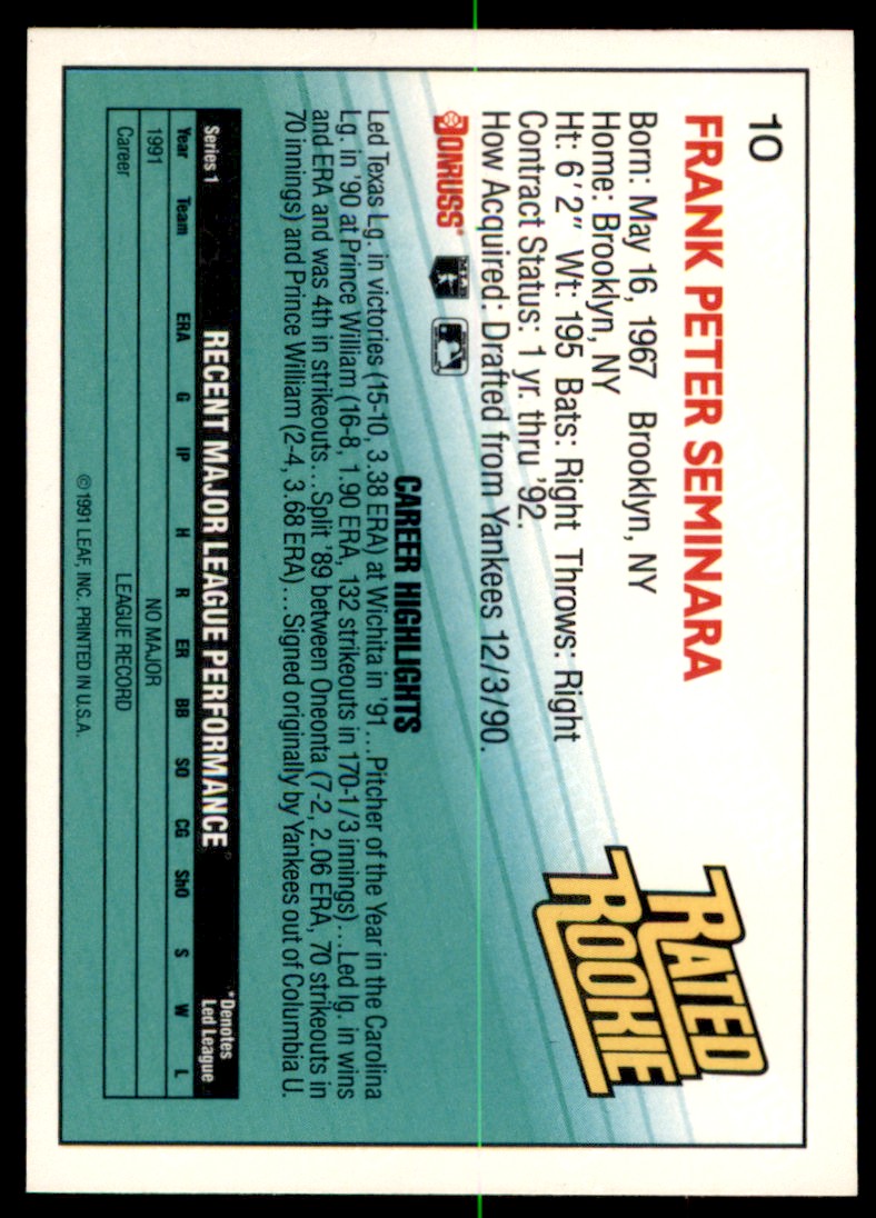1992 Donruss Frank Seminara #10 card back image