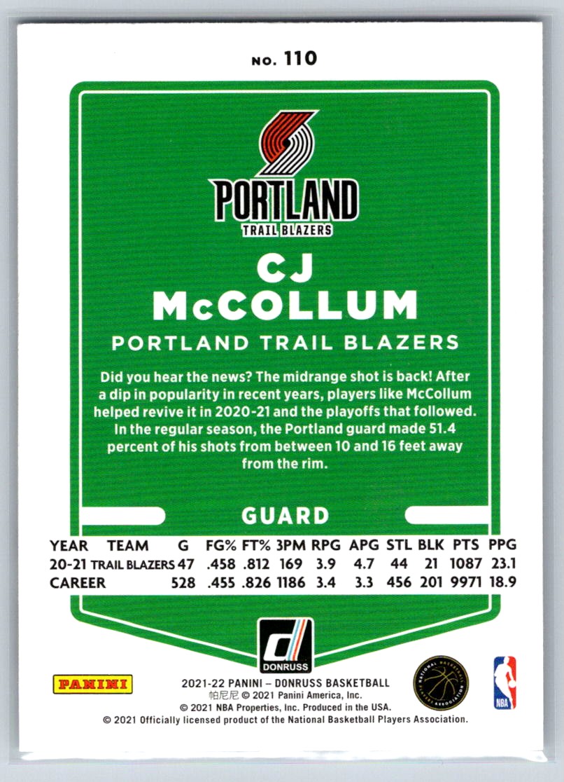 2021-22 Donruss CJ McCallum #110 card back image