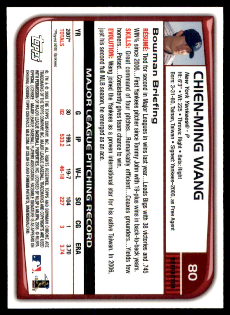 2008 Bowman Chrome Refractors Chien-Ming Wang #80 card back image