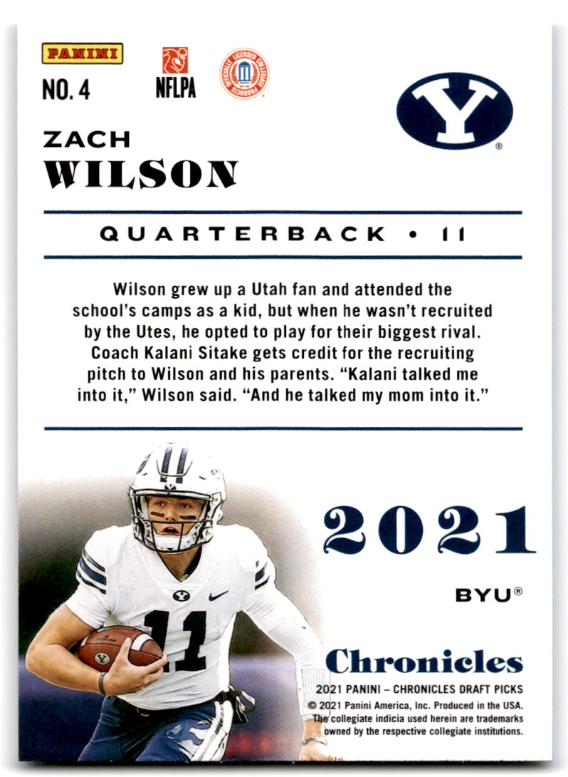2021 Panini Chronicles Draft Picks Zach Wilson #4 card back image