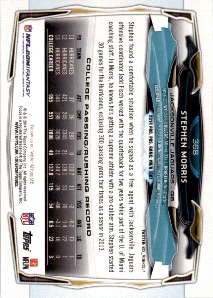 2014 Topps Stephen Morris #368 card back image