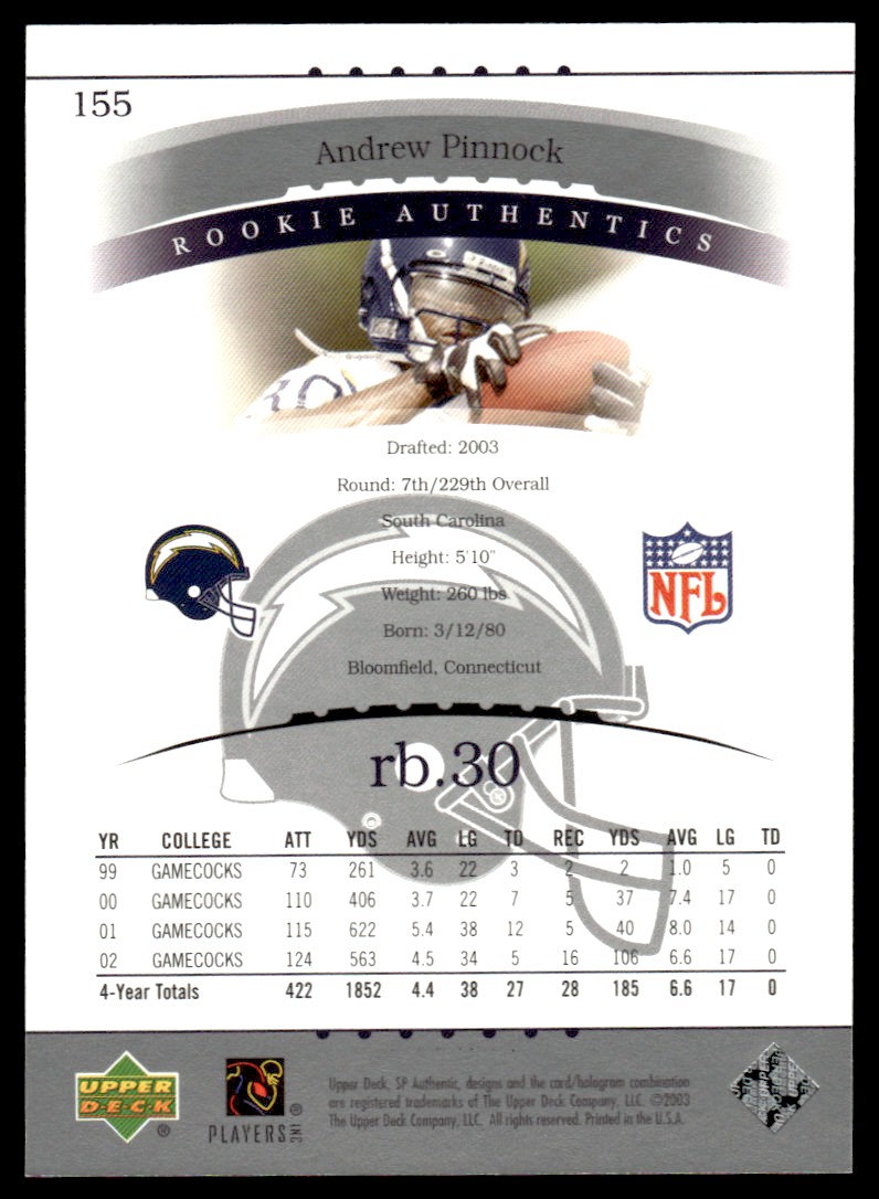 2003 SP Authentic Andrew Pinnock #155 card back image