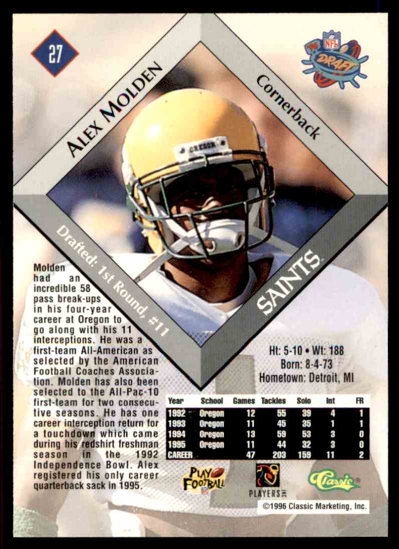 1996 Nfl Players Inc Classic Nfl Rookies Alex Molden 27 On