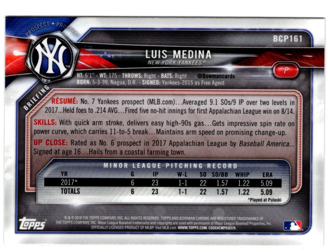 2018 Bowman Chrome Prospects Luis Medina #BCP161 card back image