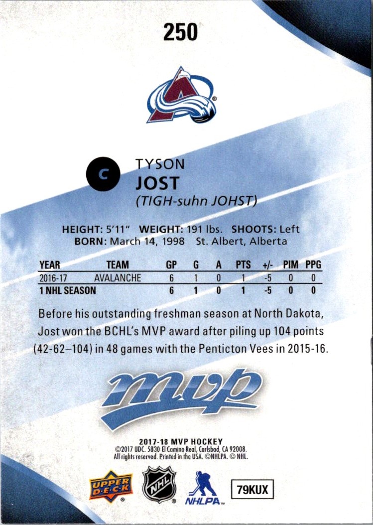2017-18 Upper Deck MVP Tyson Jost #250 card back image