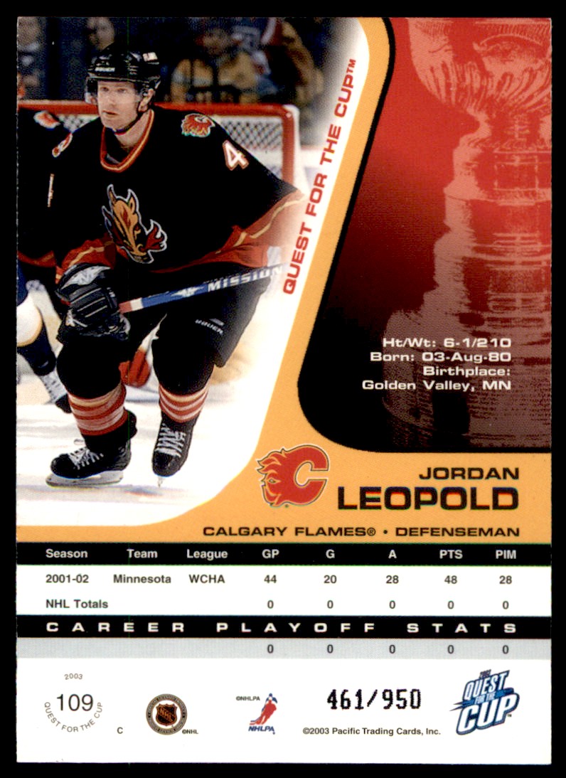 2002-03 Pacific Quest for the Cup Jordan Leopold #108 card back image
