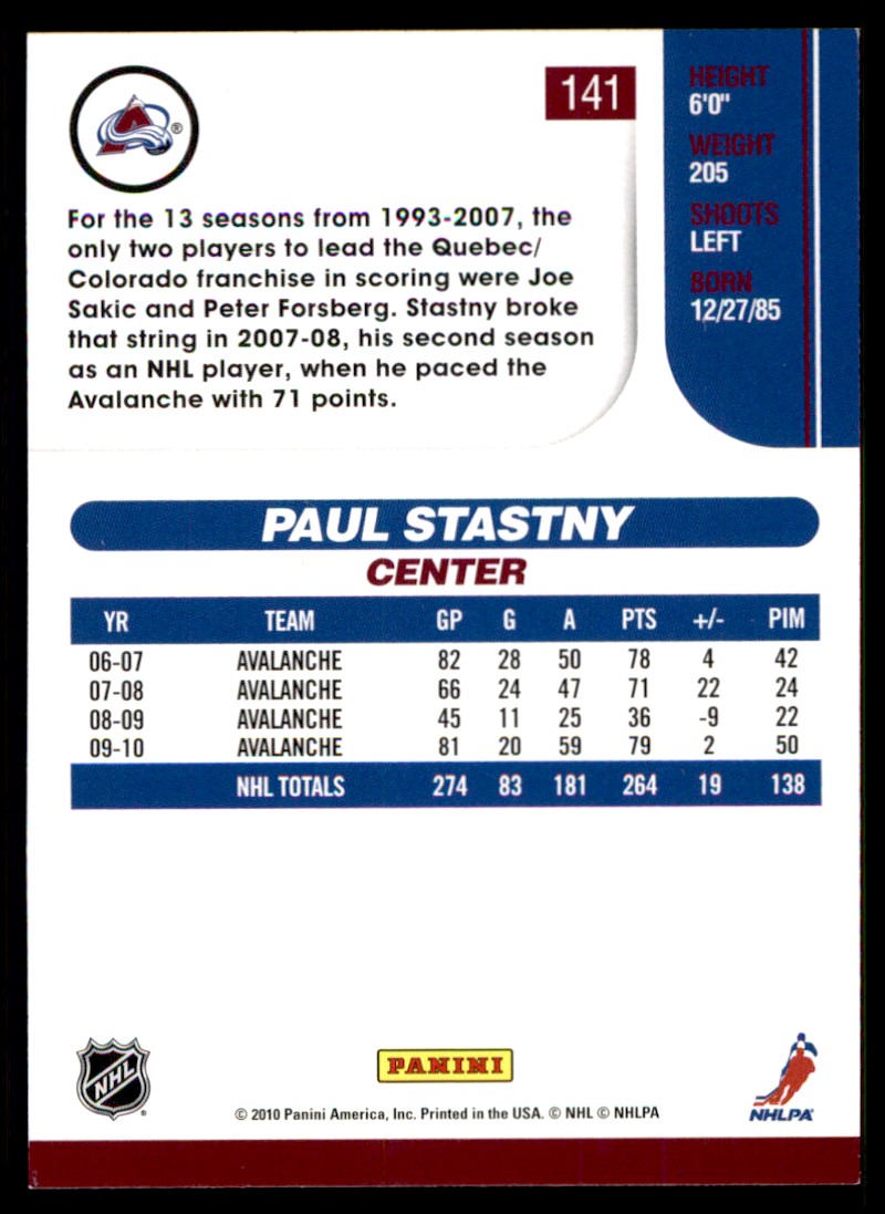 2010-11 Score Paul Stastny #141 card back image