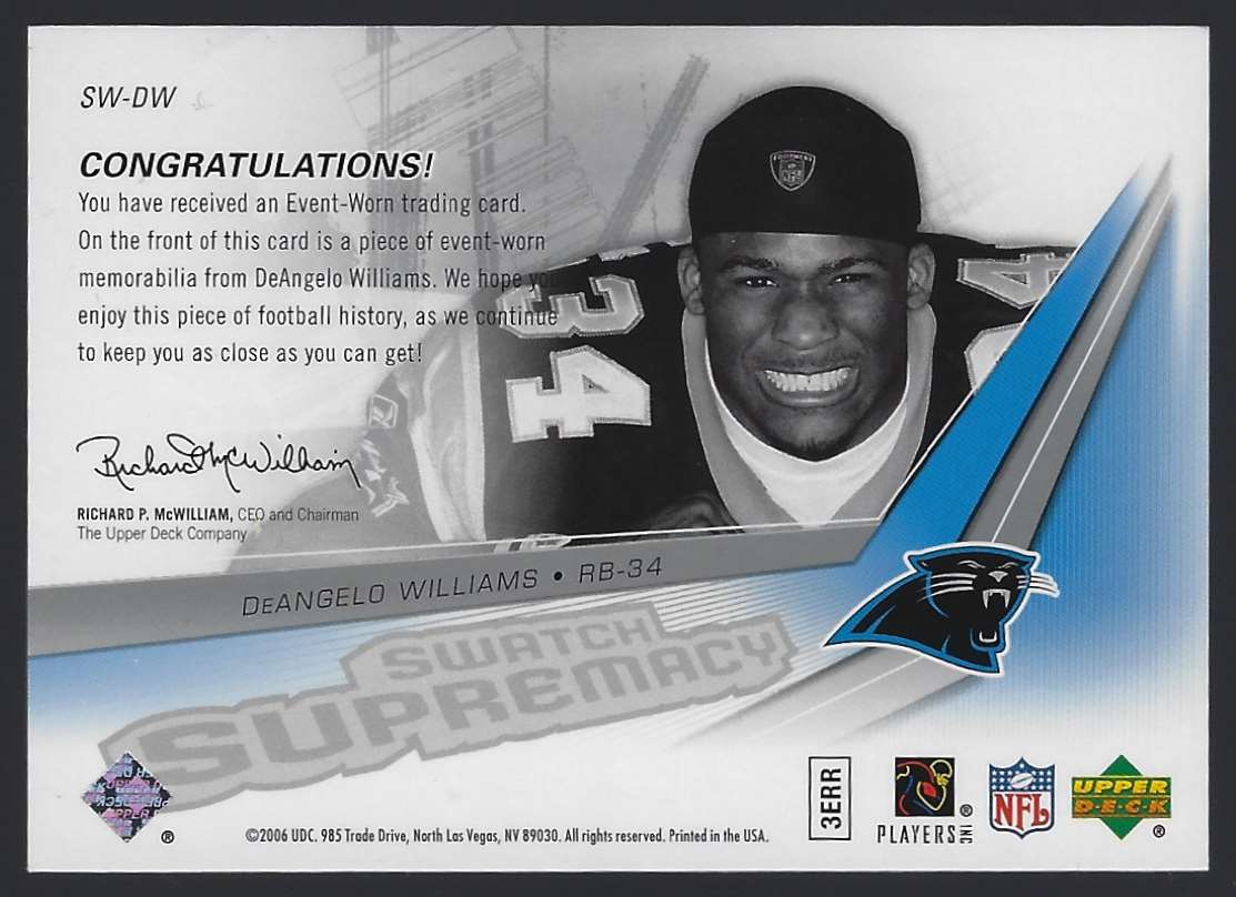2006 SPx Rookie Swatch Supremacy DeAngelo Williams #SWDW card back image