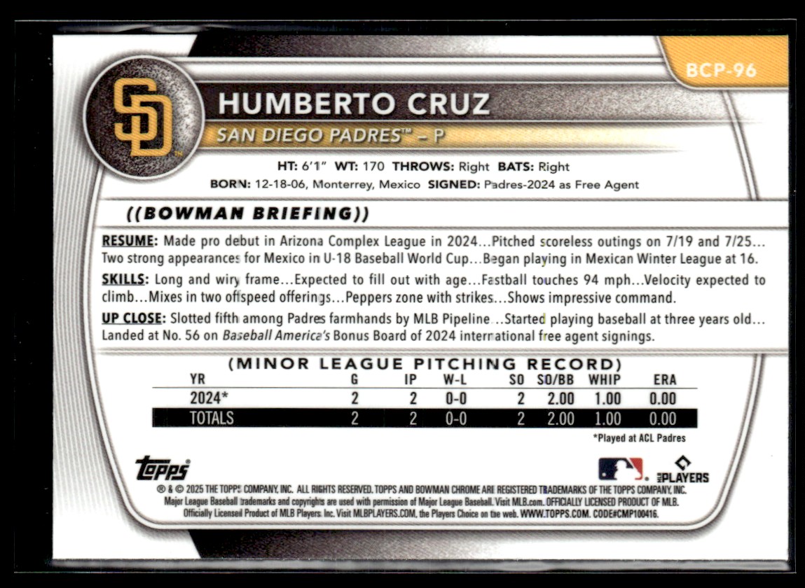 2025 Bowman Chrome Prospects Humberto Cruz #BCP-96 card back image