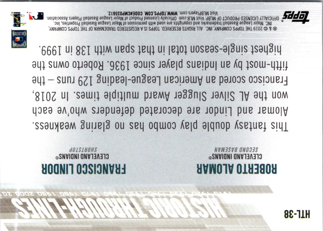 2019 Topps Historic Through-Lines Francisco Lindor/Roberto Alomar #HTL-38 card back image