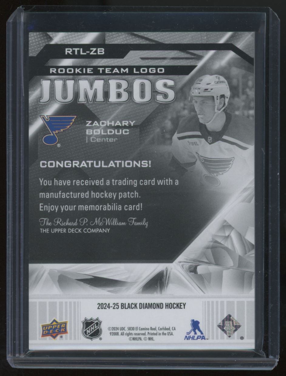 2024-25 Upper Deck Black Diamond Rookie Team Logo Jumbo Patch Zachary Bolduc #RTL-ZB card back image