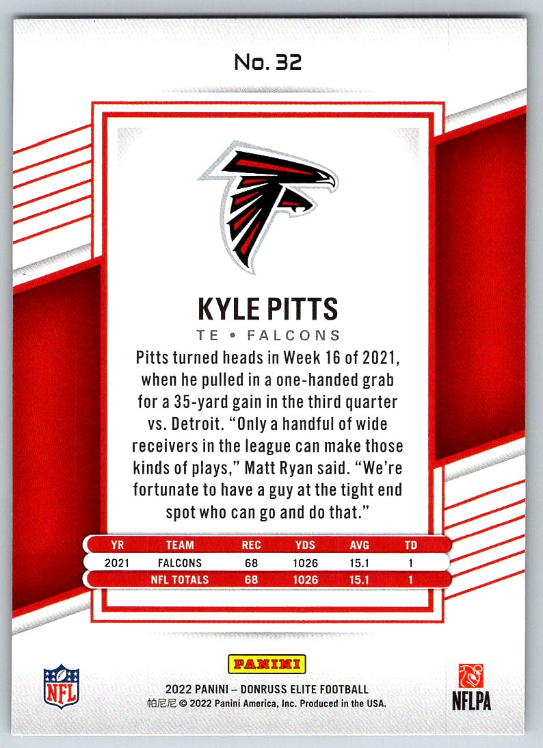 2022 Donruss Elite Panini Kyle Pitts #32 card back image