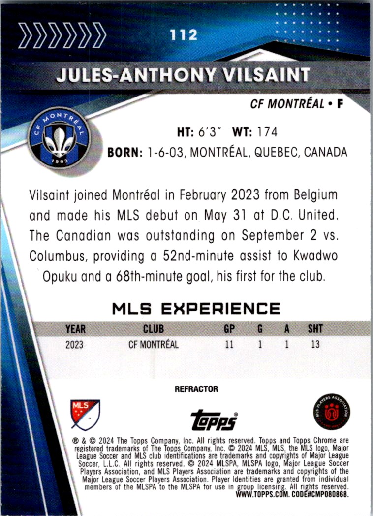 2024 Topps Chrome MLS Jules-Anthony Vilsaint #112 card back image