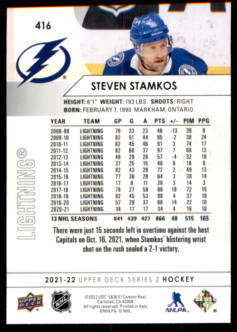 2021-22 Upper Deck Steven Stamkos #416 card back image