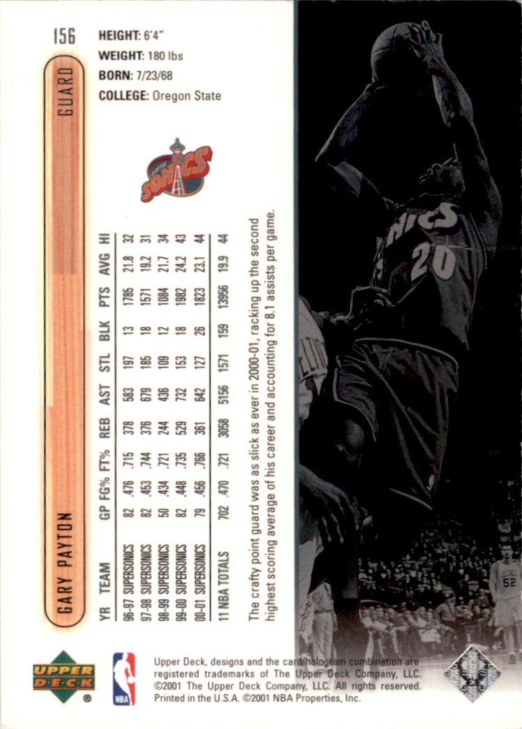 2001-02 Basketball Upper Deck Gary Payton #156 card back image