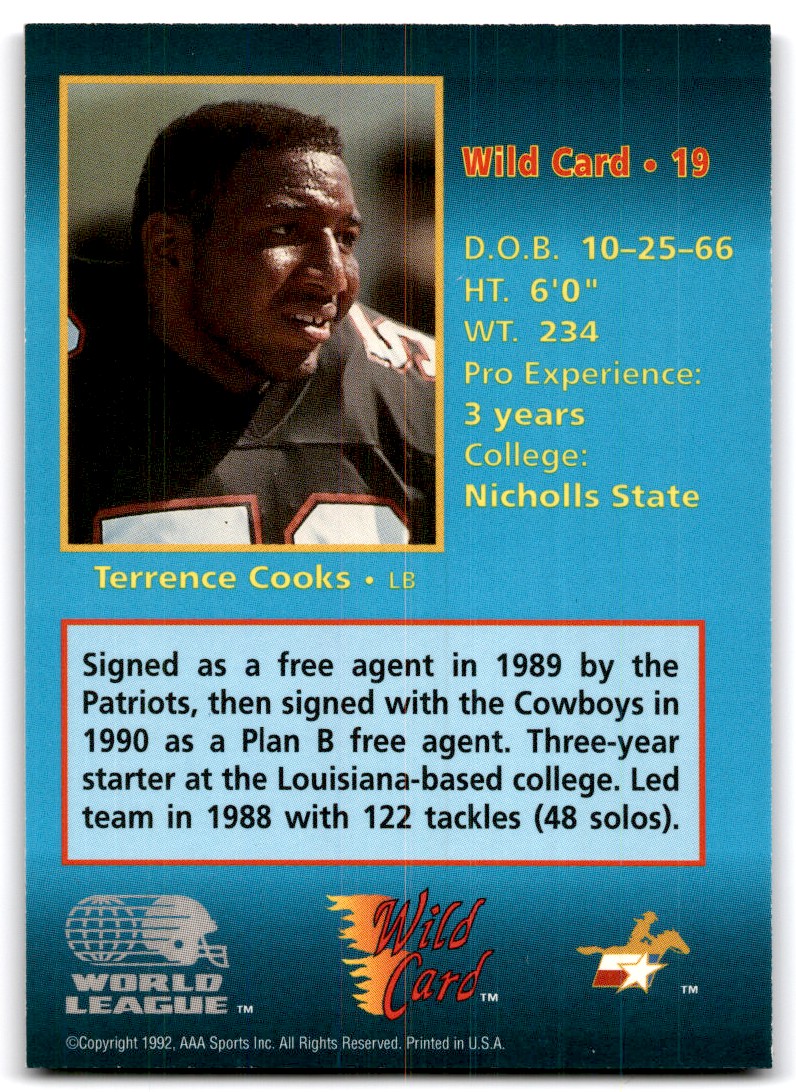 1992 Wild Card WLAF Terrence Cooks San Antonio Riders #19 | eBay