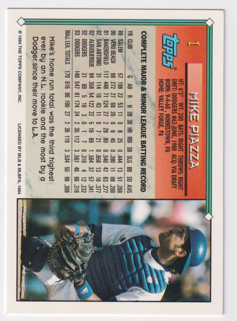 1994 Topps Mike Piazza #1 card back image