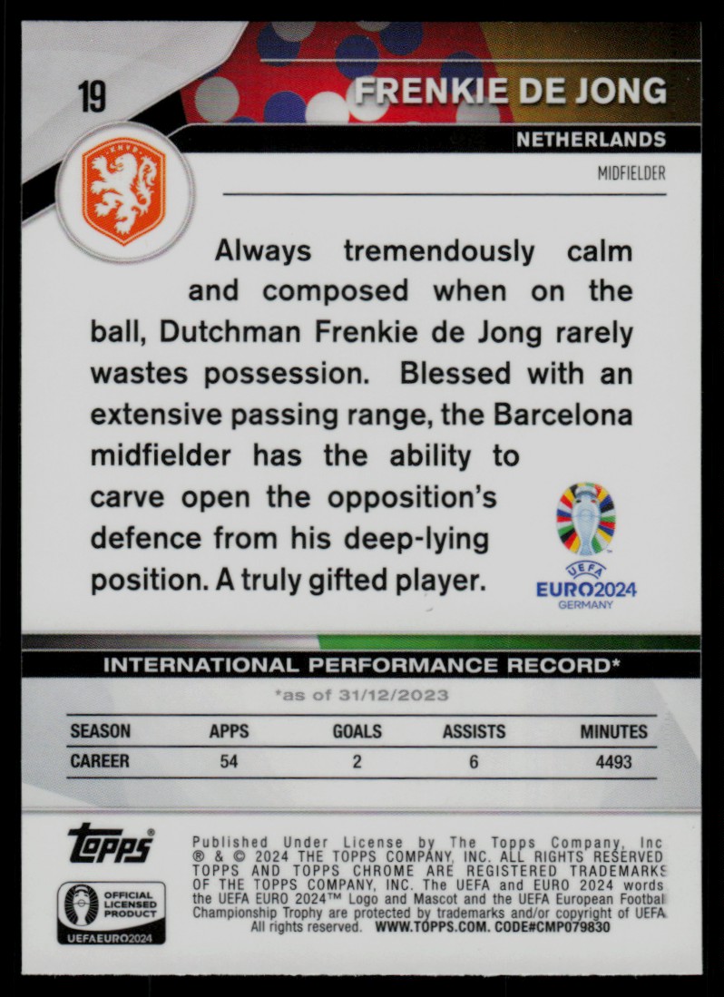 2024 Topps Chrome UEFA Euro FRENKIE DE JONG #19 card back image
