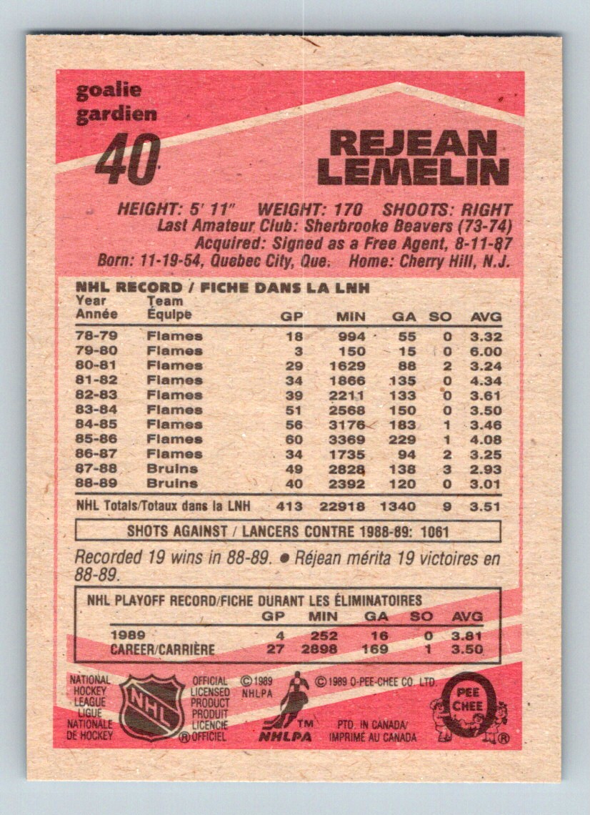 1989-90 O-Pee-Chee Rejean Lemelin #40 card back image