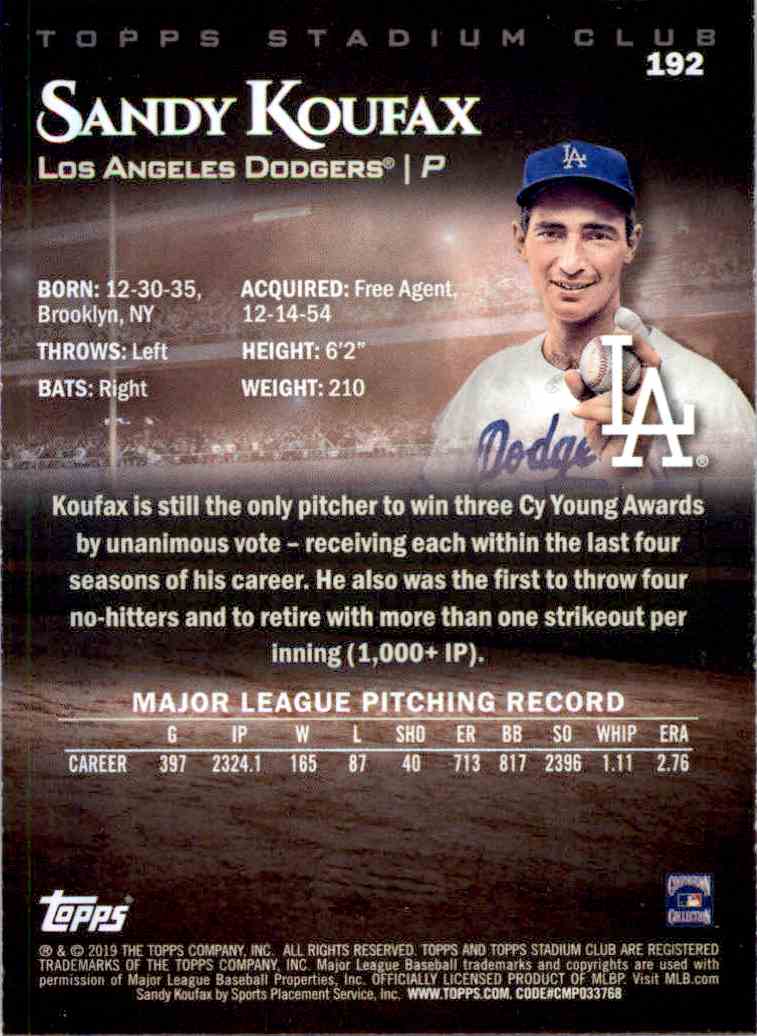 2019 Topps Stadium Club #192 Sandy Koufax Los Angeles Dodgers Baseball Card