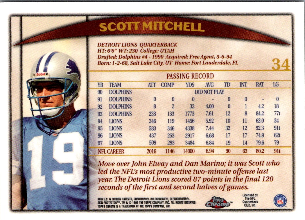 1998 Topps Chrome Scott Mitchell #34 card back image