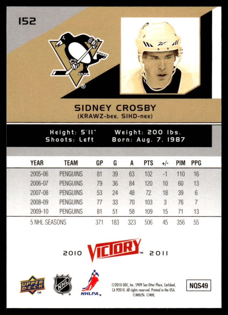 2010-11 Upper Deck Victory ! Sidney Crosby #152 card back image