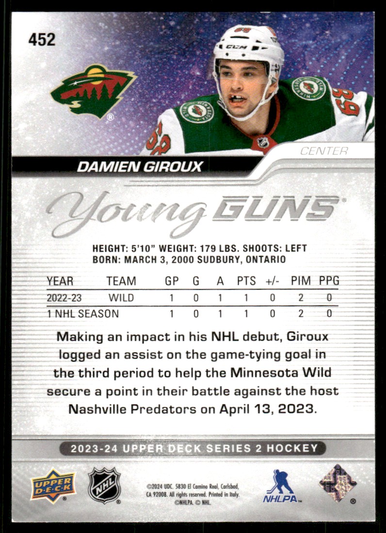 2023-24 Upper Deck YG Damien Giroux #452 card back image