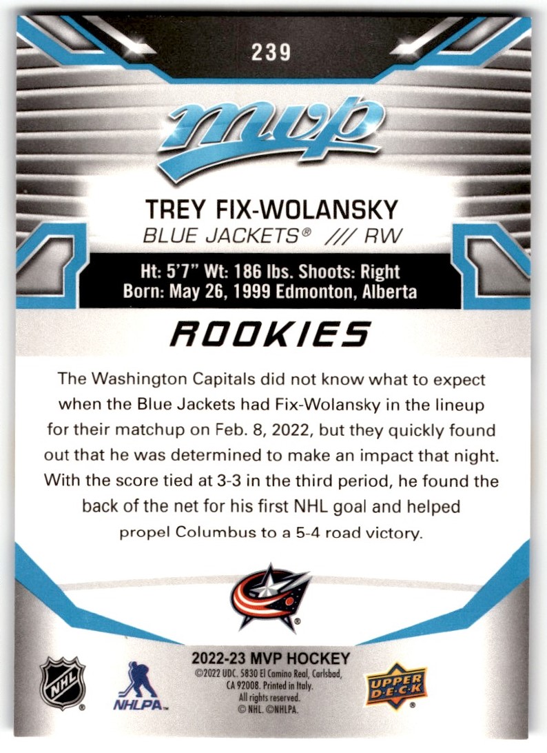 2022-23 Upper Deck MVP Trey Fix-Wolansky #239 card back image