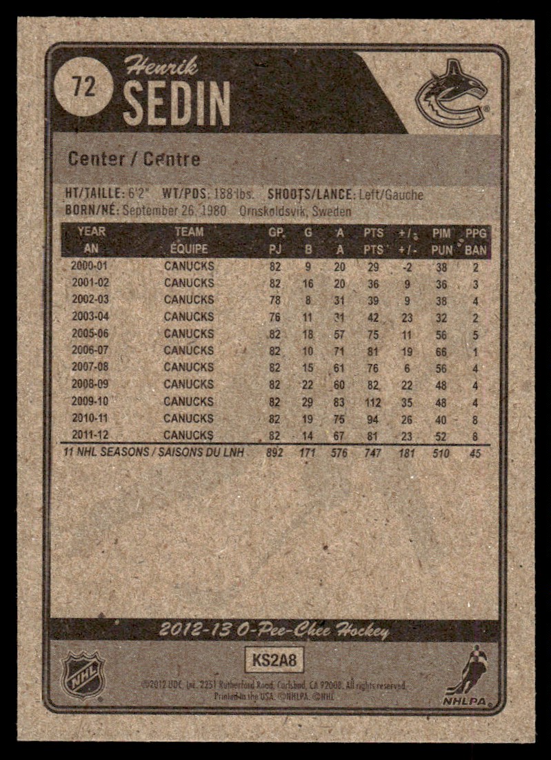 2012-13 O-Pee-Chee ! Henrik Sedin #72 card back image