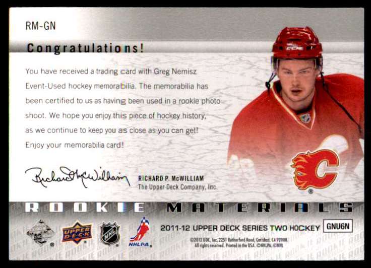 2011-12 Upper Deck Rookie Materials Series Two Greg Nemisz #RM-GN card back image