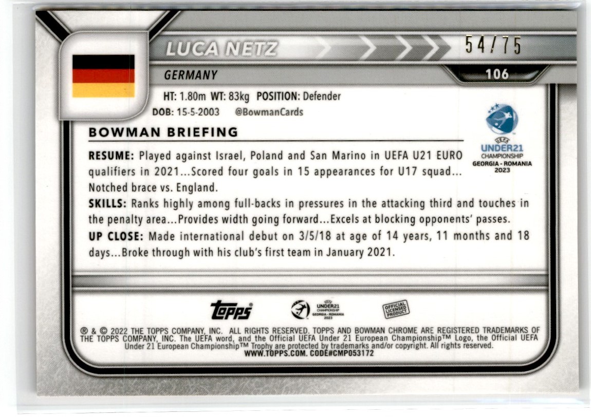 2022 BOWMAN CHROME UEFA UNDER 21 ORANGE LUCA NETZ /75 #106