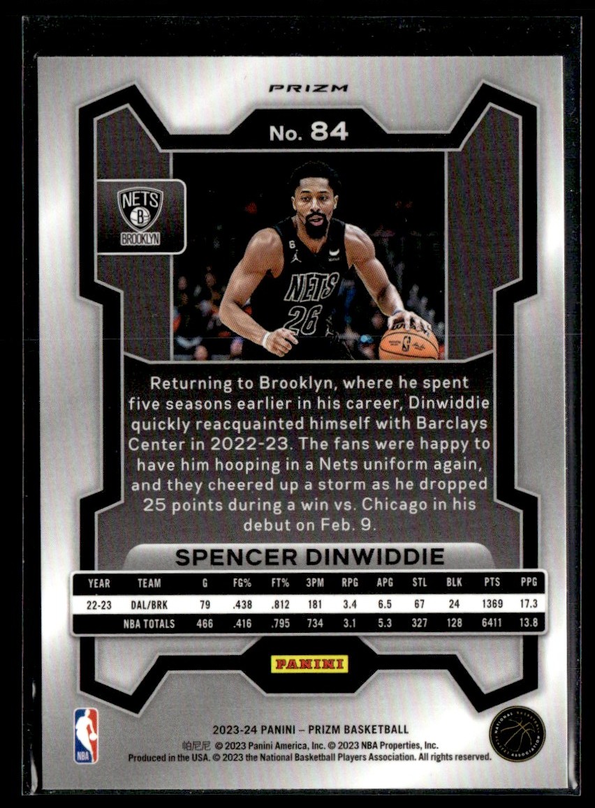 2023-24 Panini Prizm Pink Ice Spencer Dinwiddie #84 card back image