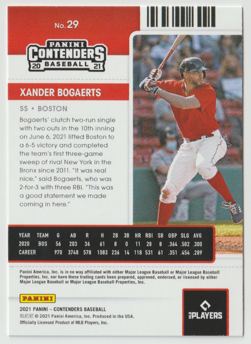 2021 Panini Contenders Season Ticket Red Xander Bogaerts #29 card back image