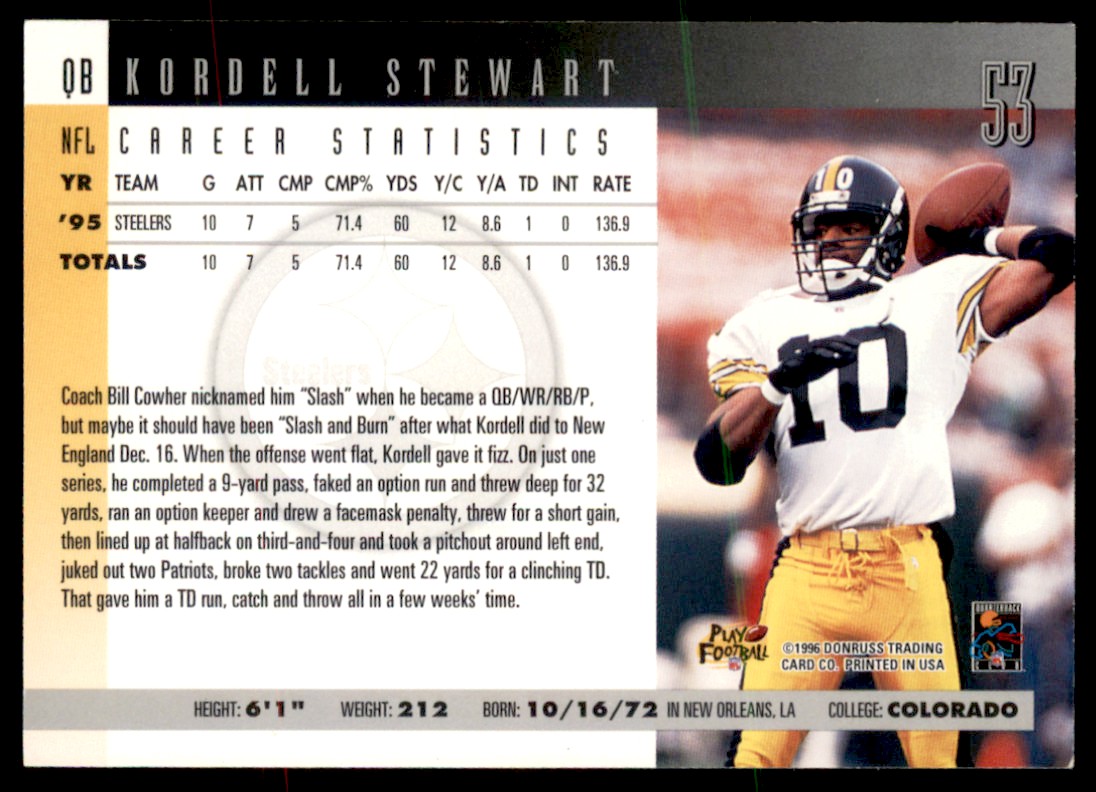 1996 Donruss Kordell Stewart Pittsburgh Steelers 53