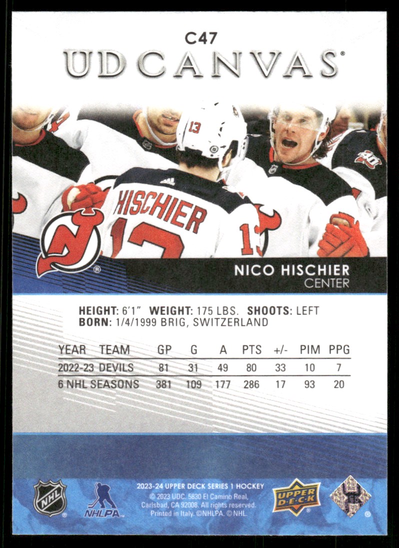 2023-24 Upper Deck UD Canvas Nico Hischier #C47 card back image