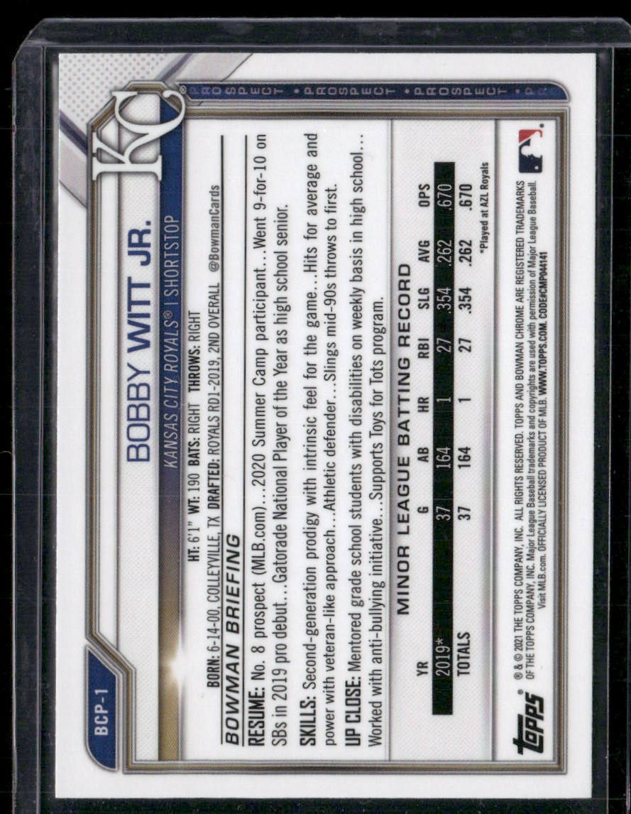 2021 Bowman Chrome Prospects Bobby Witt Jr. #BCP-1 card back image