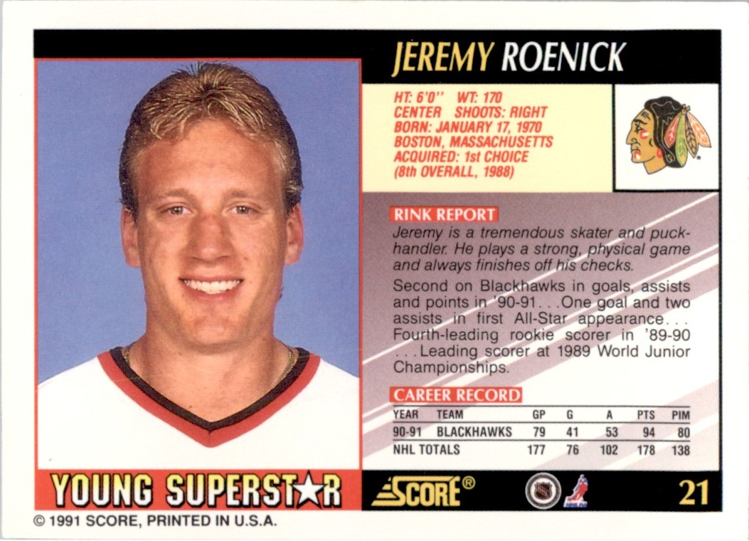 1991-92 Score Young Superstars #21 Jeremy Roenick Chicago